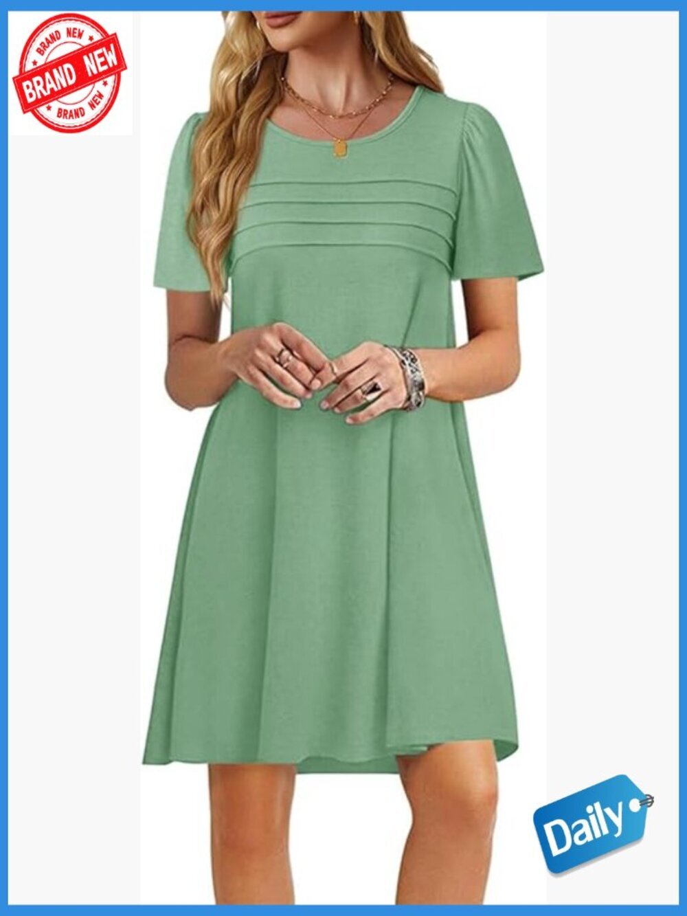 Women's Short Sleeve Crewneck Pleated Front Swing Mini T Shirt Dress